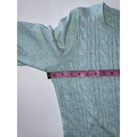 Talbots Tweed Cable Knit Sweater Light Blue Speckled Crew Neck Button Medium Pet - Picture 10 of 16